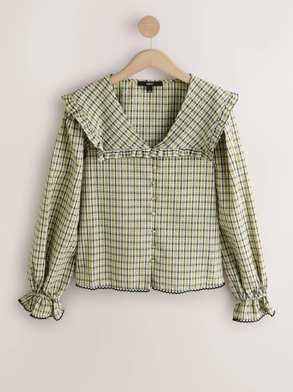 Green/Black Check Oversized Collar Long Sleeve Blouse