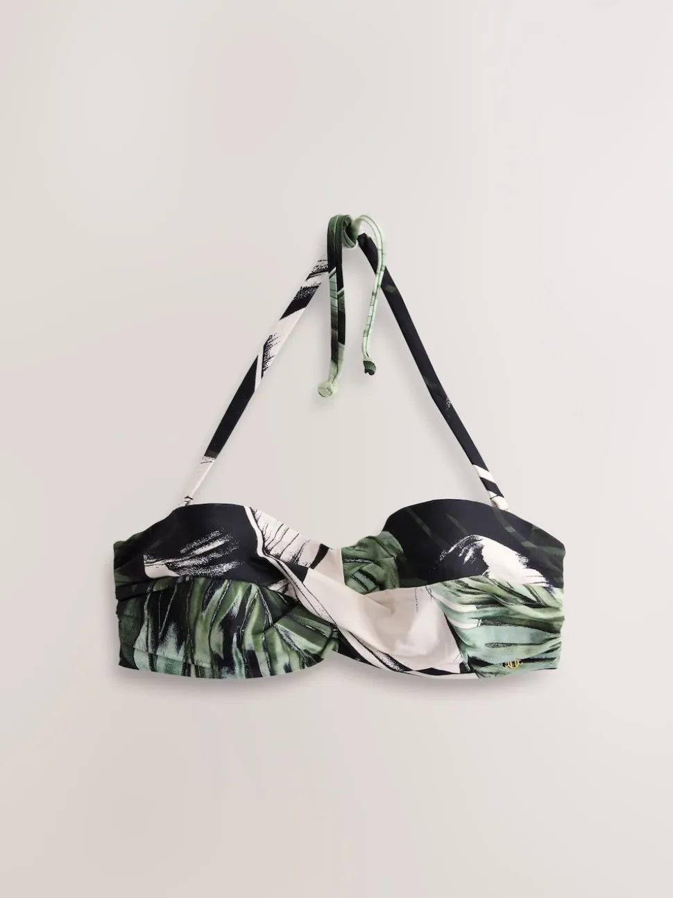 Green/Black Leaf Twist Padded Wired Bandeau Bikini Top