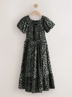 Green/Black Leopard Off The Shoulder Midi Dress