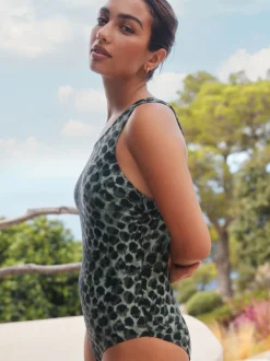 Green/Black Leopard Print High Neck Period Swimsuit