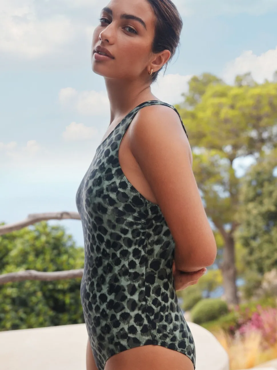 Green/Black Leopard Print High Neck Period Swimsuit