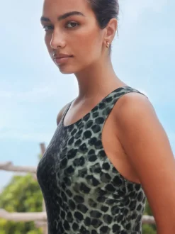 Green/Black Leopard Print High Neck Period Swimsuit