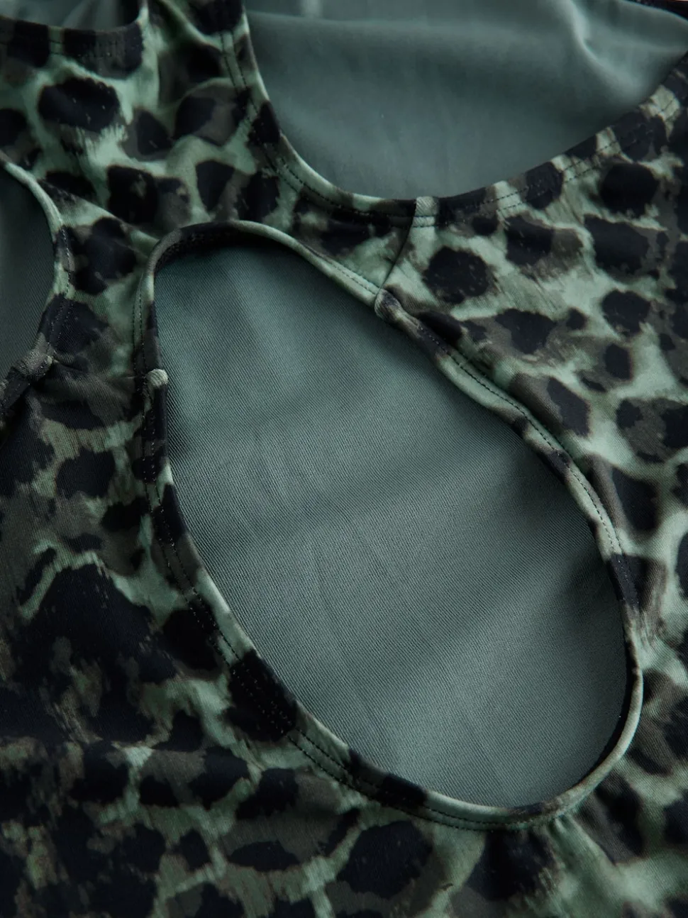 Green/Black Leopard Print High Neck Period Swimsuit
