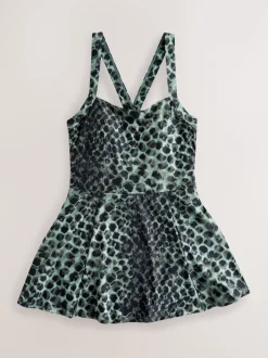 Green/Black Leopard Print Tummy Control Skirted Swim Dress
