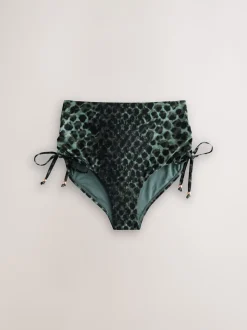 Green/Black Leopard Print High Waist Ruched Bikini Bottoms