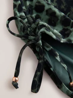 Green/Black Leopard Print High Waist Ruched Bikini Bottoms