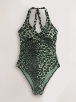 Green/Black Leopard Print Halterneck Tummy Control Swimsuit