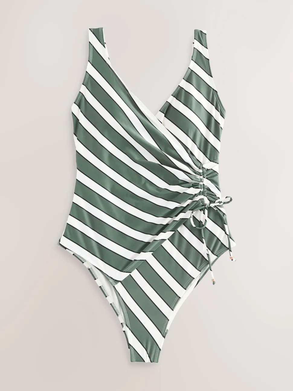 Green/Cream Stripe Ruched Side Tummy Shaping Control Swimsuit