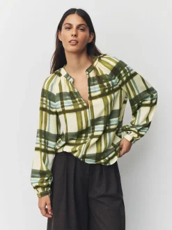 Green/Ecru Check Long Sleeve V-Neck Blouse