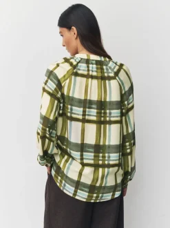 Green/Ecru Check Long Sleeve V-Neck Blouse