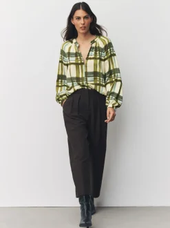 Green/Ecru Check Long Sleeve V-Neck Blouse