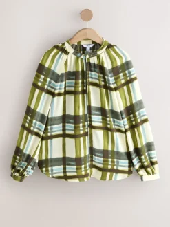 Green/Ecru Check Long Sleeve V-Neck Blouse