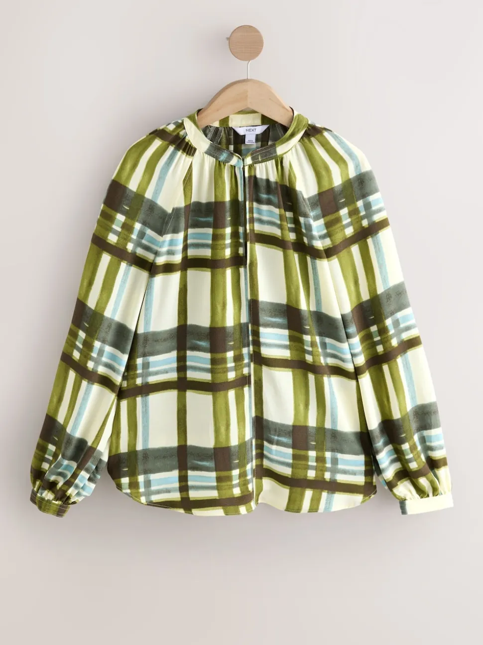 Green/Ecru Check Long Sleeve V-Neck Blouse