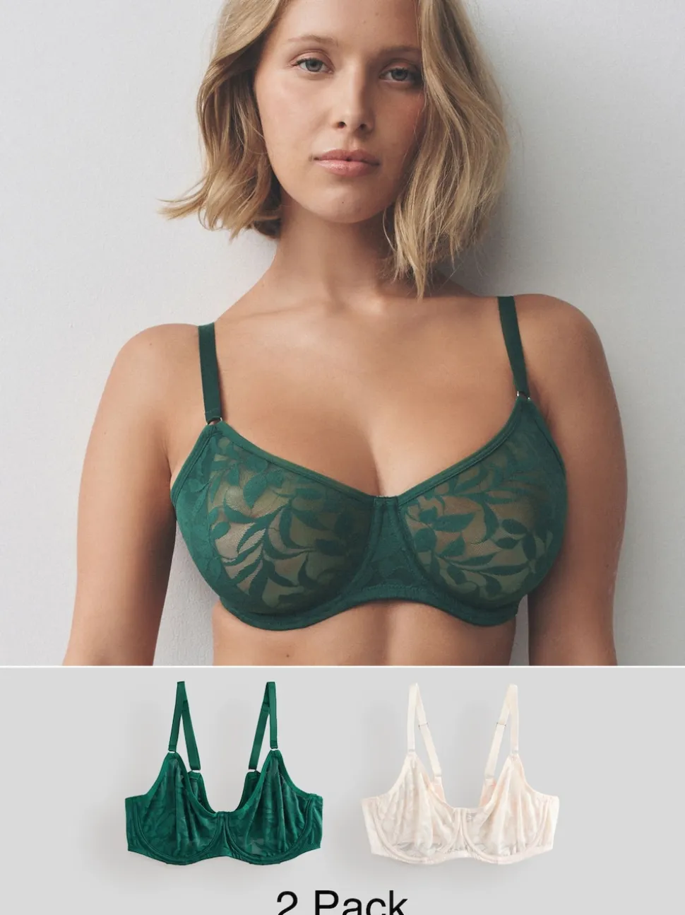 Green/Ecru DD-G Lace Non Pad Full Cup Bras 2 Pack