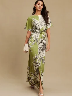 Green/Ecru Textured Satin Short Sleeve Twist Front Midi Dress