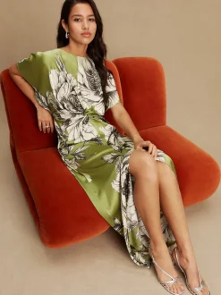 Green/Ecru Textured Satin Short Sleeve Twist Front Midi Dress