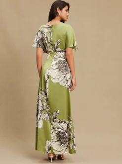 Green/Ecru Textured Satin Short Sleeve Twist Front Midi Dress