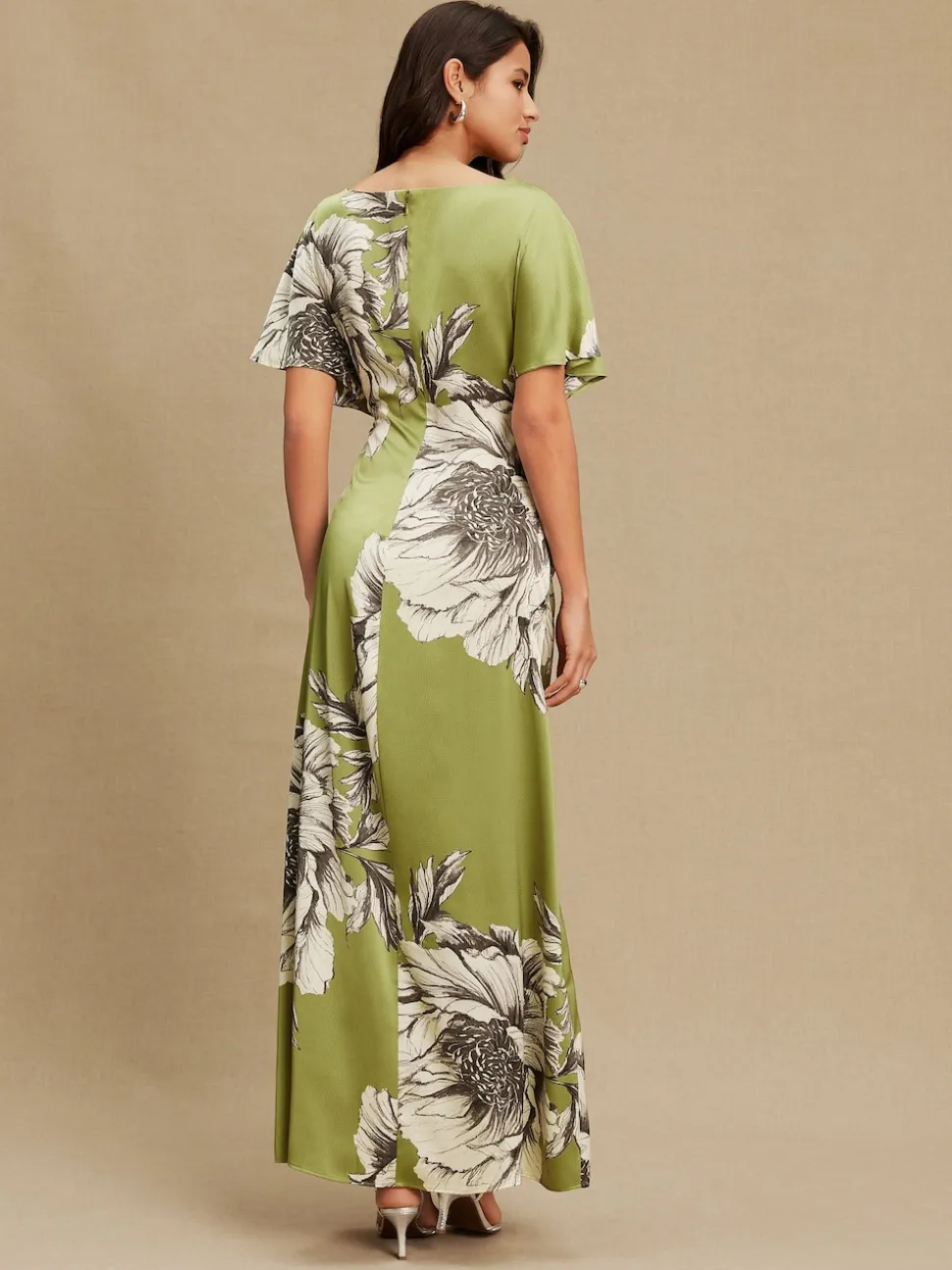 Green/Ecru Textured Satin Short Sleeve Twist Front Midi Dress