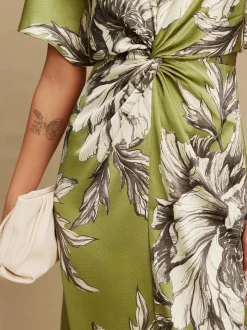 Green/Ecru Textured Satin Short Sleeve Twist Front Midi Dress