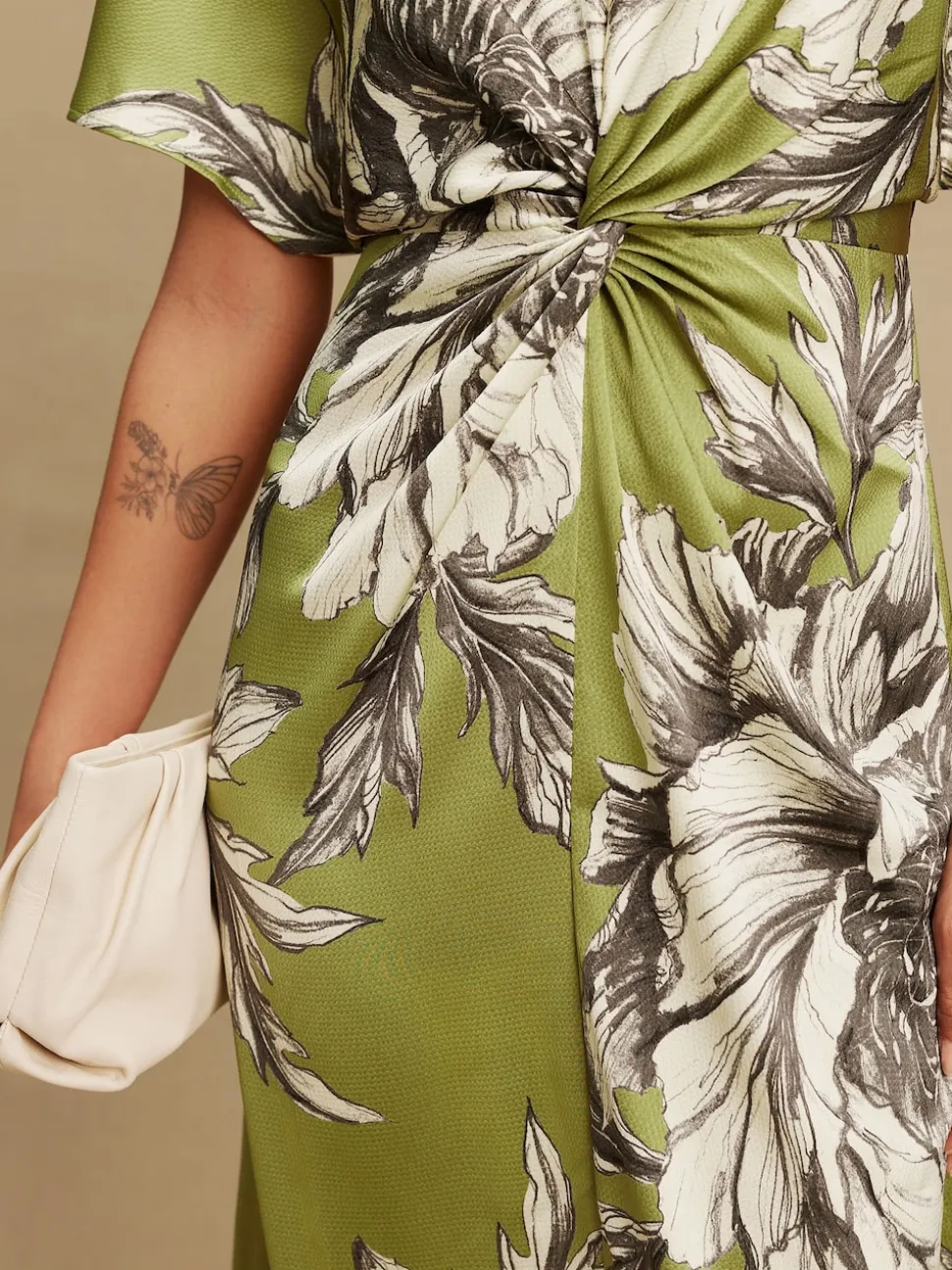 Green/Ecru Textured Satin Short Sleeve Twist Front Midi Dress