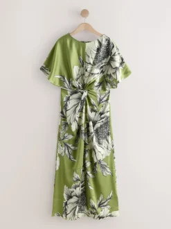 Green/Ecru Textured Satin Short Sleeve Twist Front Midi Dress