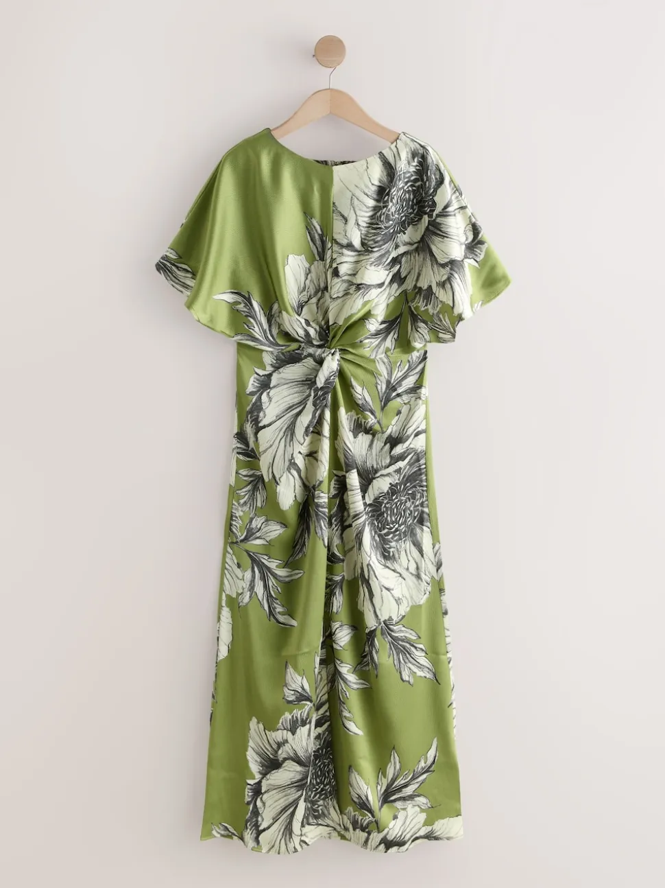 Green/Ecru Textured Satin Short Sleeve Twist Front Midi Dress