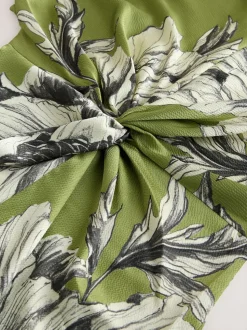 Green/Ecru Textured Satin Short Sleeve Twist Front Midi Dress