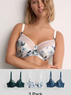 Green/Navy/Navy Print DD+ Non Pad Full Cup Bras 3 Pack with Side Support