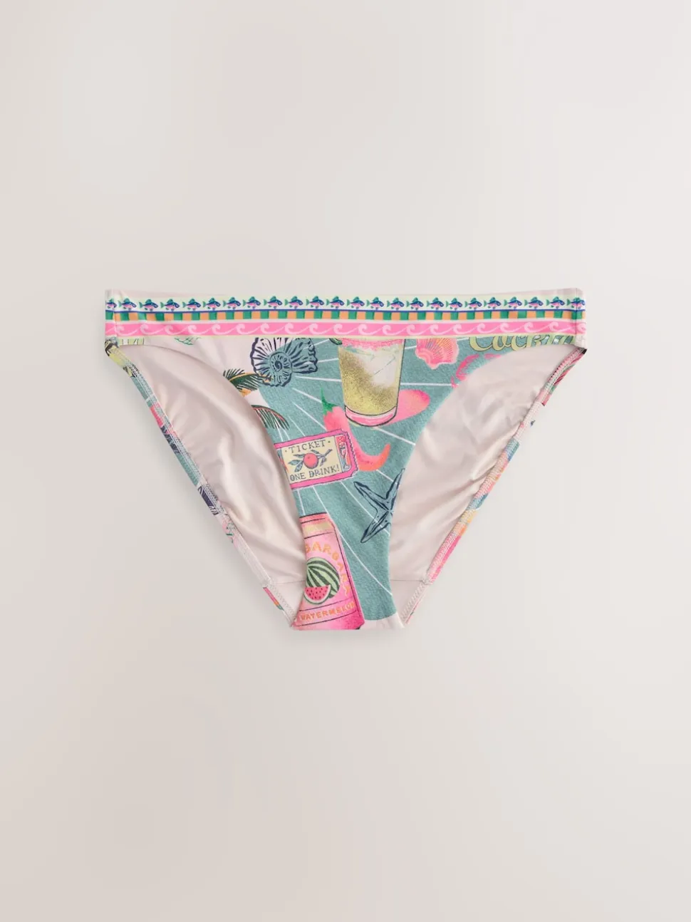 Green/Pink Conversational High Leg Print Bikini Bottoms