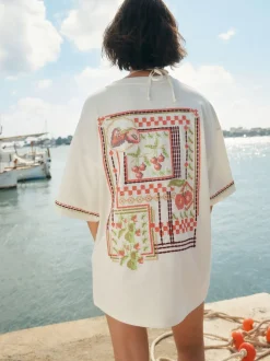 Green/Pink Graphic Print Beach T-Shirt