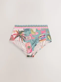 Green/Pink Lobster Conversational High Waist Print Bikini Bottoms