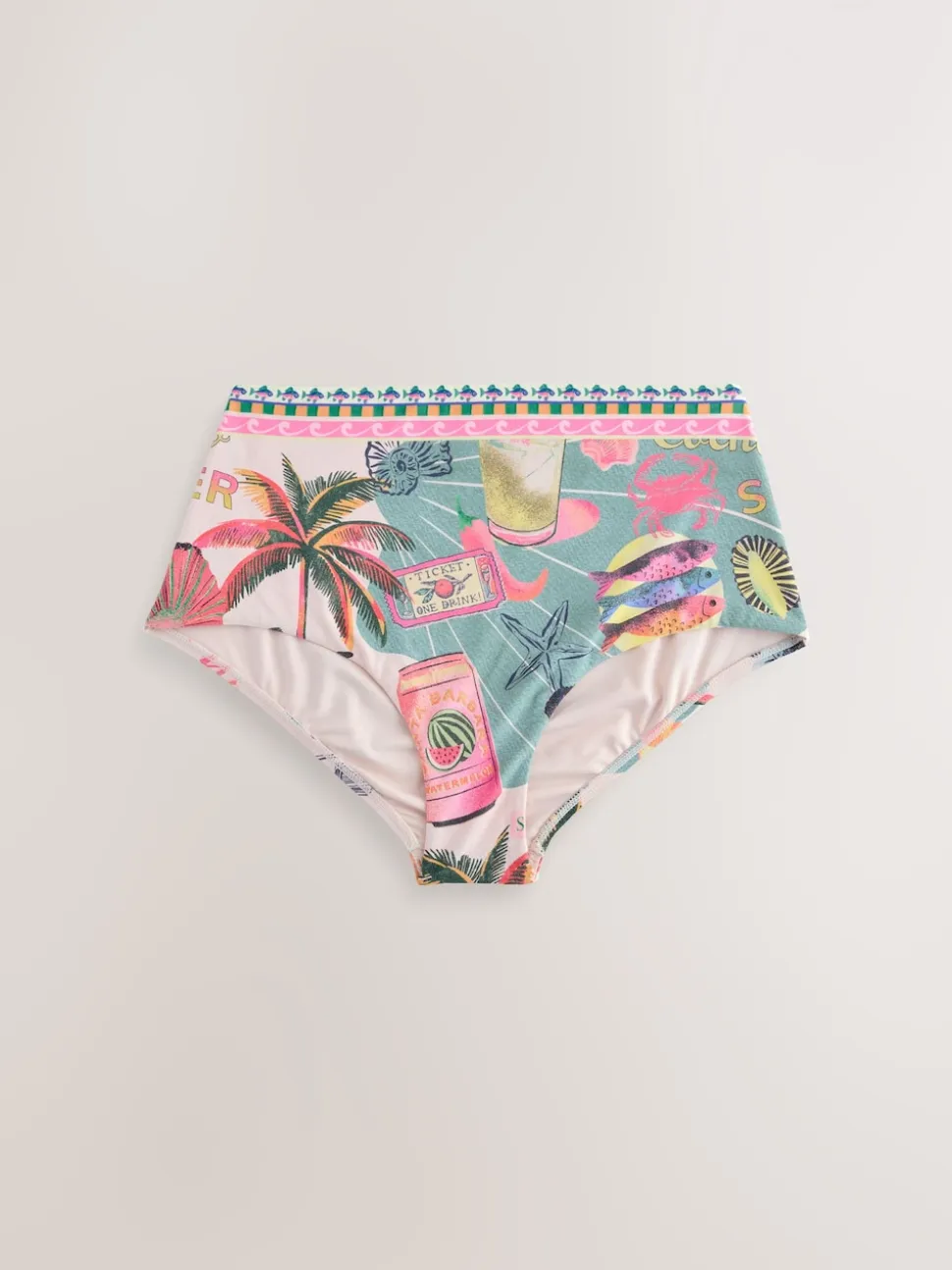 Green/Pink Lobster Conversational High Waist Print Bikini Bottoms