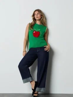 Green/Red Apple Graphic Sleeveless Knitted Tank With Wool
