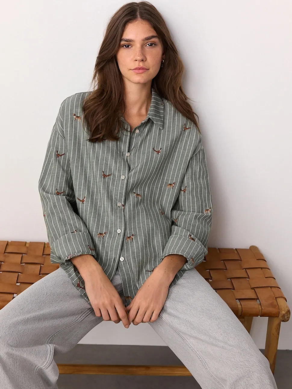 Green/White Stripe Conversational Embroidered Long Sleeve Shirt