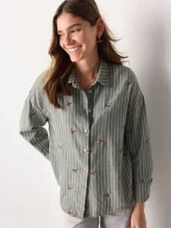 Green/White Stripe Conversational Embroidered Long Sleeve Shirt