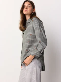 Green/White Stripe Conversational Embroidered Long Sleeve Shirt