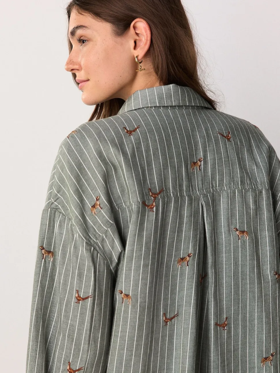 Green/White Stripe Conversational Embroidered Long Sleeve Shirt