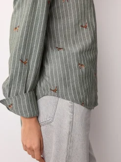 Green/White Stripe Conversational Embroidered Long Sleeve Shirt