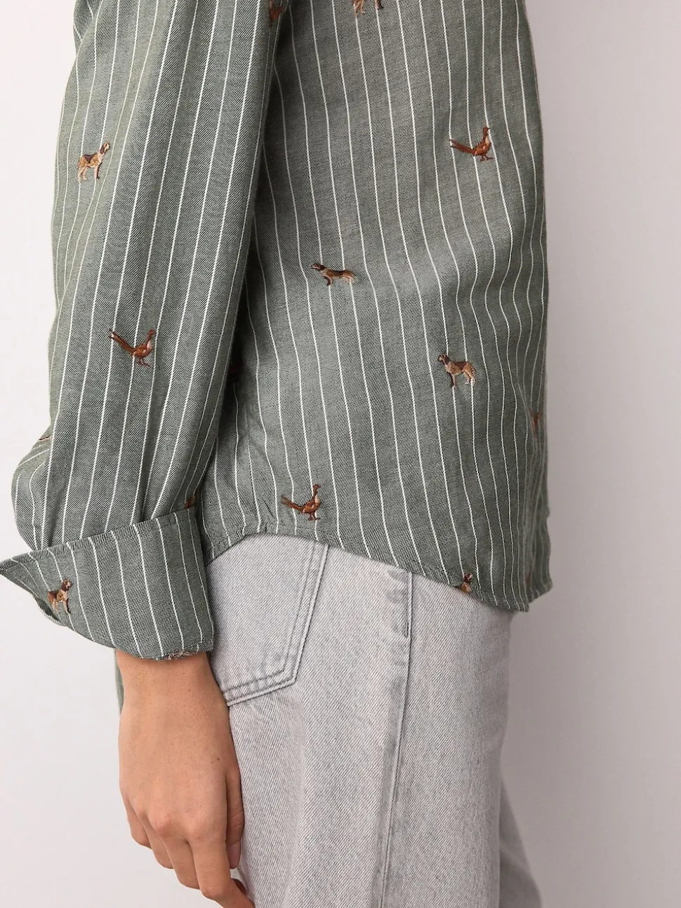 Green/White Stripe Conversational Embroidered Long Sleeve Shirt