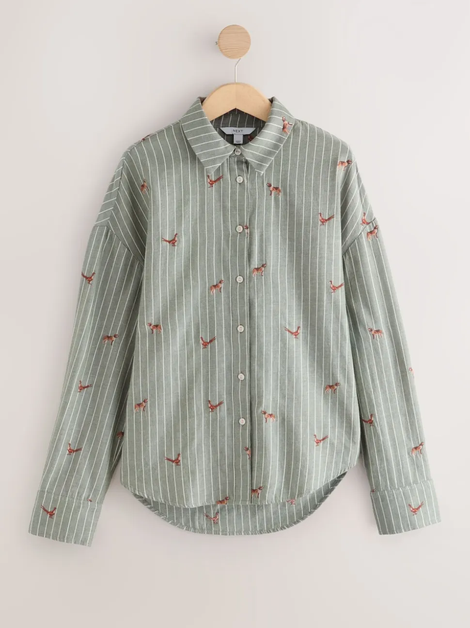 Green/White Stripe Conversational Embroidered Long Sleeve Shirt