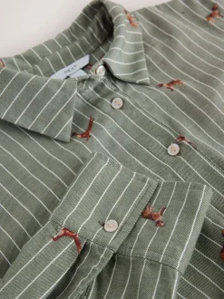 Green/White Stripe Conversational Embroidered Long Sleeve Shirt