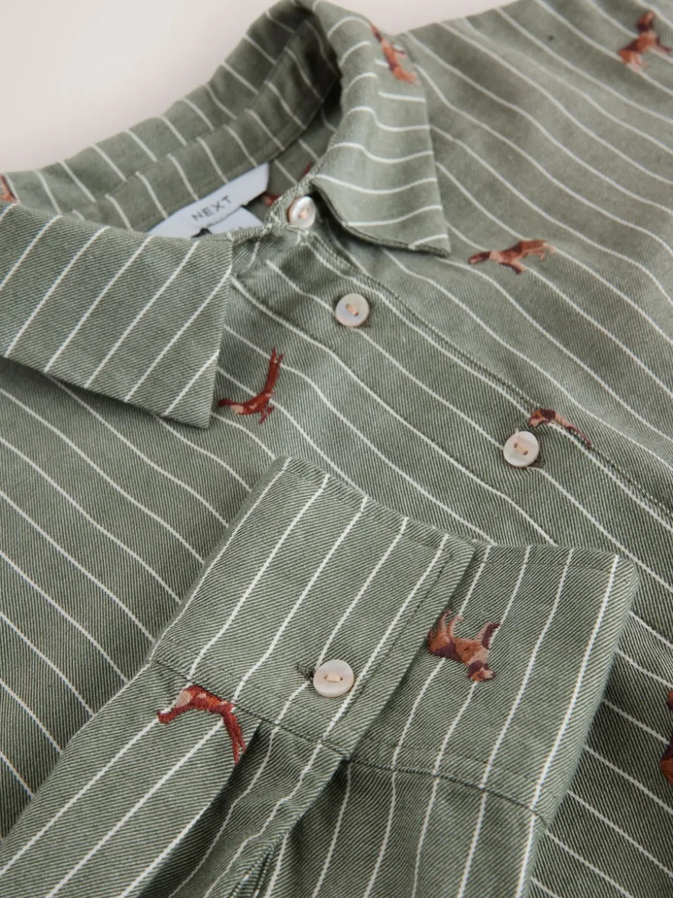 Green/White Stripe Conversational Embroidered Long Sleeve Shirt