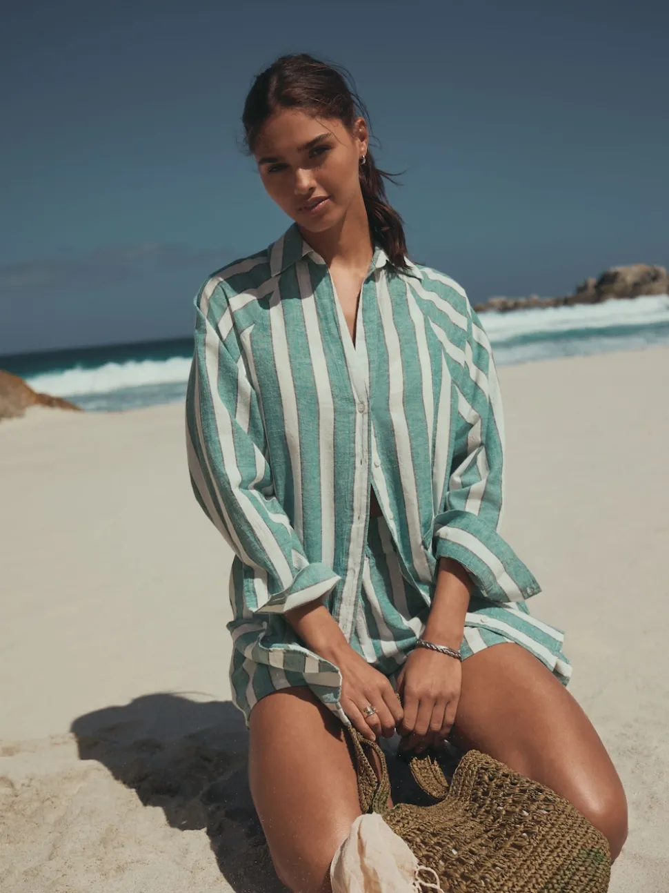 Green/White Summer Shirt With Linen