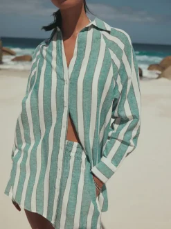 Green/White Summer Shirt With Linen