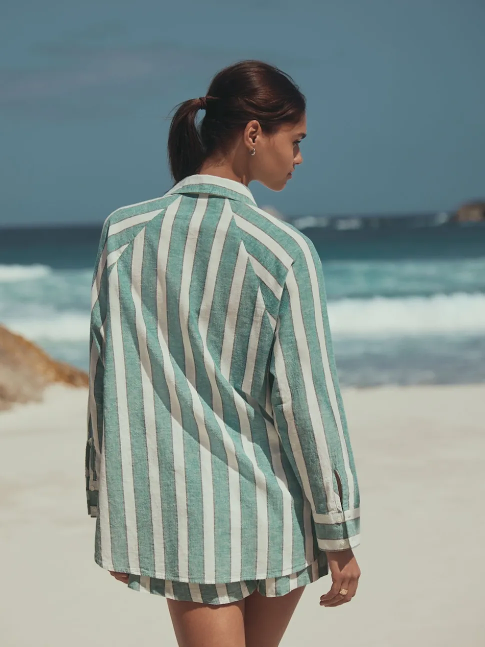 Green/White Summer Shirt With Linen