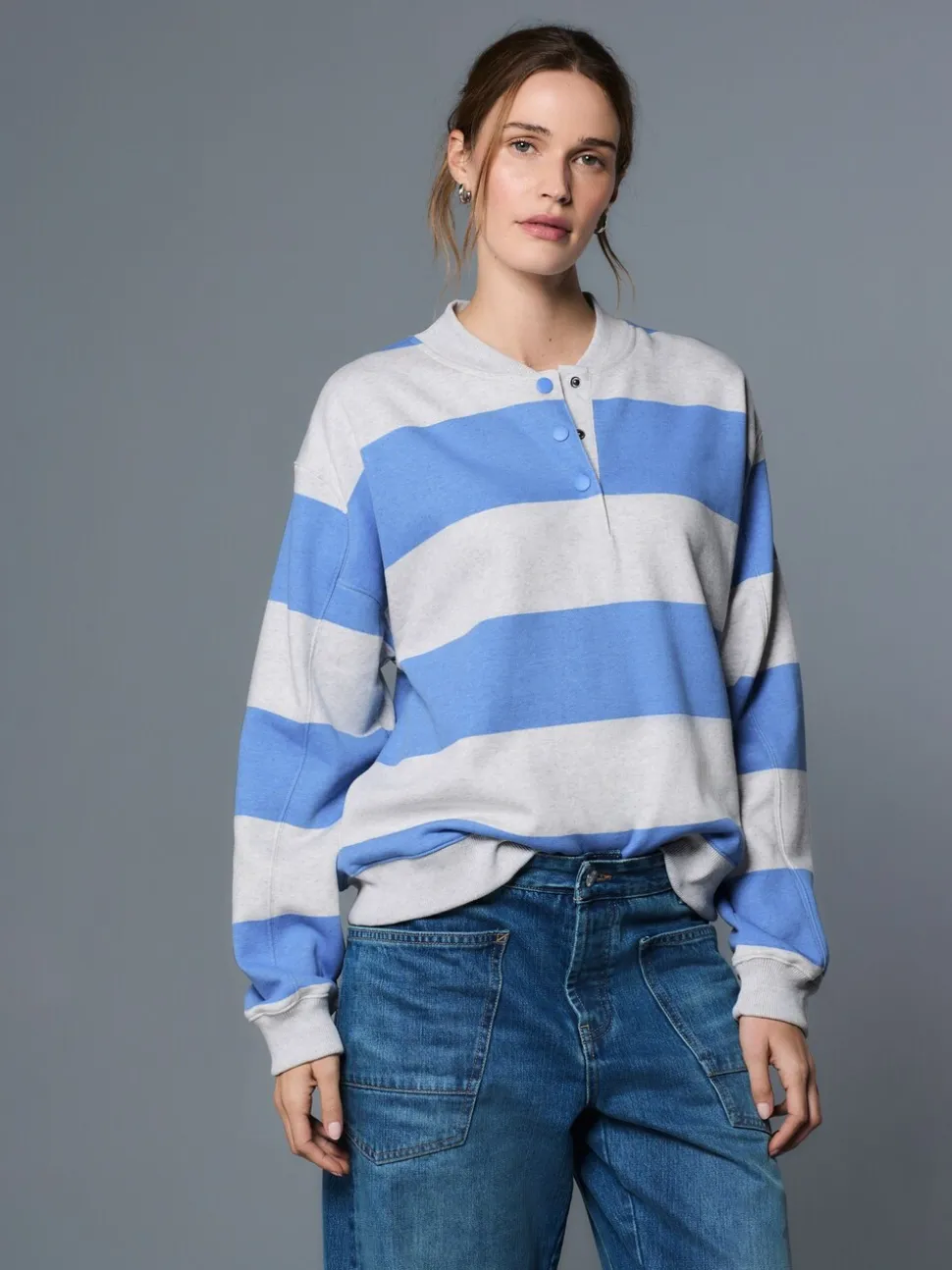 Grey and Blue Popperneck Henley Sweatshirt