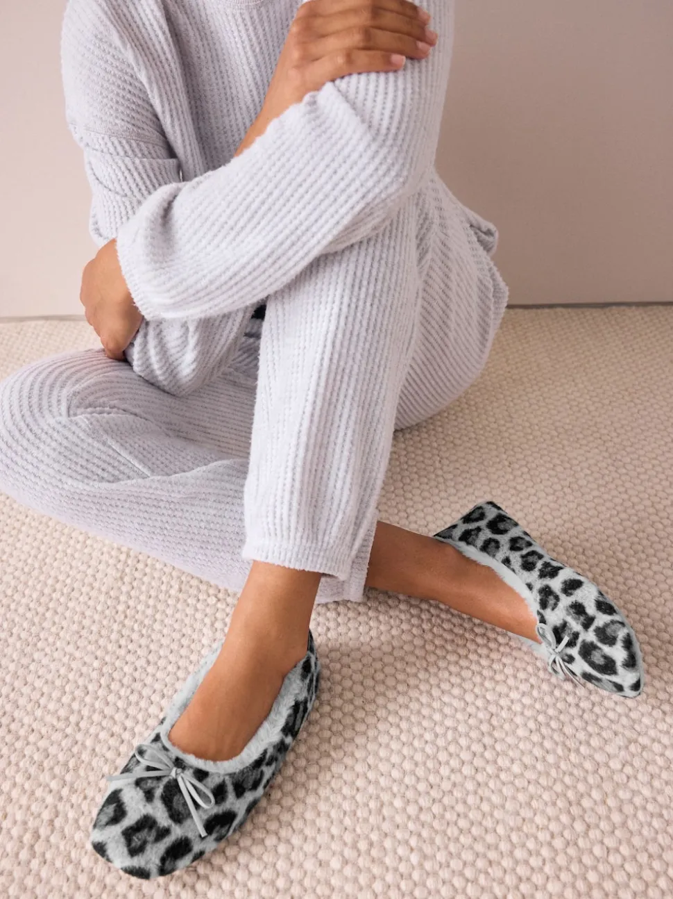 Grey Animal Print Ballerina Flat Slippers
