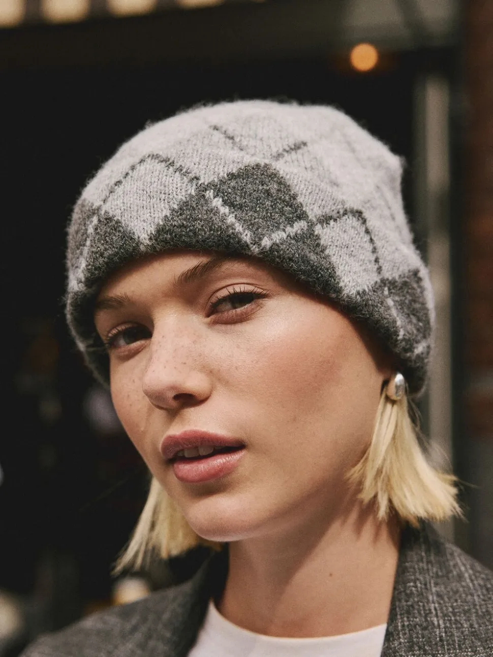 Grey Argyle Knitted Beanie