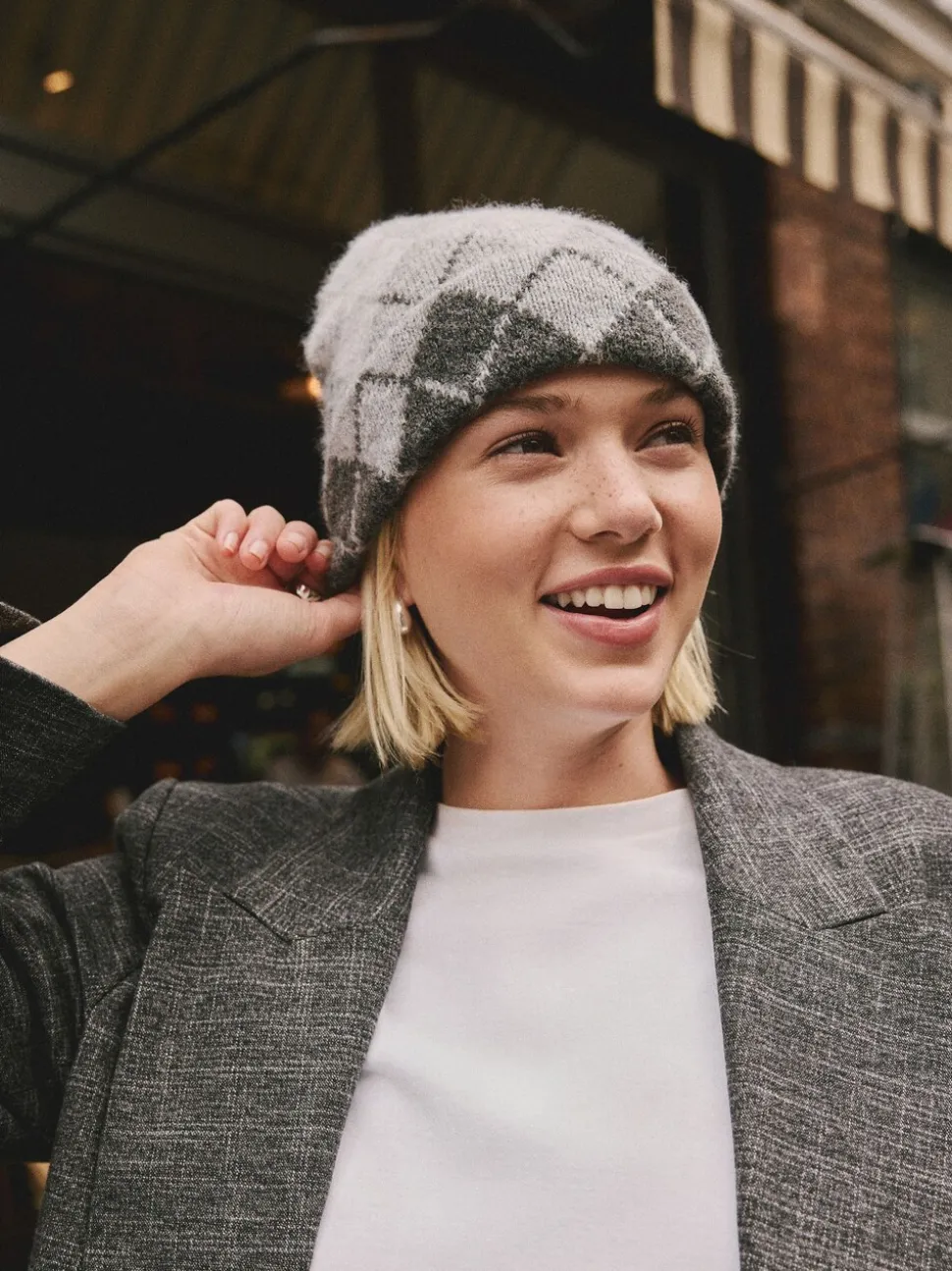 Grey Argyle Knitted Beanie