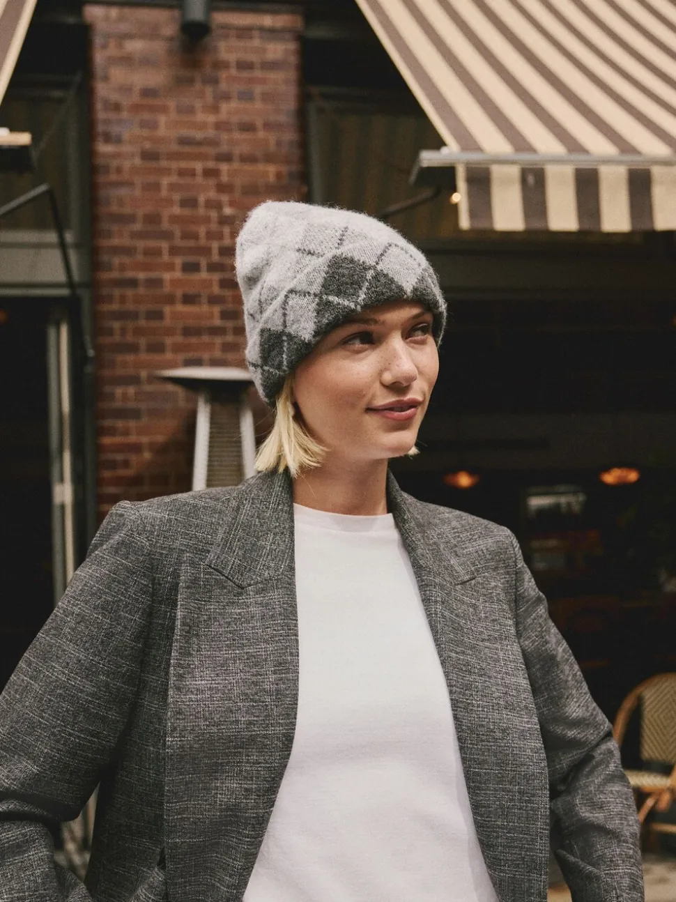 Grey Argyle Knitted Beanie